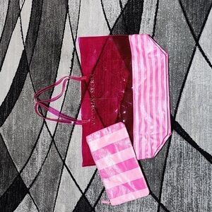 VINTAGE VICTORIA SECRET 2012 PLASTIC & ICONIC SHINE STRIPES TRAVEL CASE & TOTE